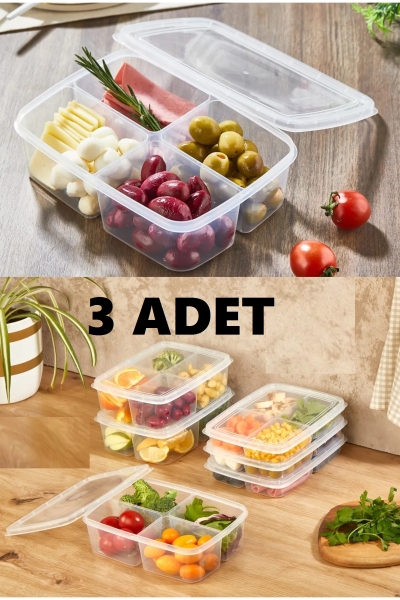 3 Adet 4 Bölmeli Diyet Saklama Kabı Öğünlük Kahvaltılık Piknik Beslenme Mikrodalga- Dipfriz uyumlu