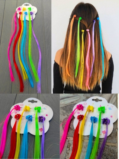 6 Lı Mandal Tokalı Rainbow Renkli Saç Tüyü Takma Postiş Saç Mandal