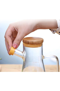 900 Ml Cam Yağdanlık -  Sirkelik - Bambu Kapak Isıya Dayanıklı Cam Yağ Şişesi