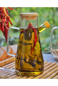 900 Ml Cam Yağdanlık -  Sirkelik - Bambu Kapak Isıya Dayanıklı Cam Yağ Şişesi