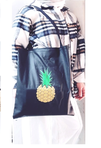 Ananas Detay Desenli Bez Çanta - Pazar Market Çantası - Kitap Çantası Siyah 