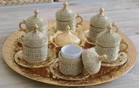 Osmanlı Motifli 6 Kişilik Türk Kahve Seti - Sarı Beyaz Taşlı