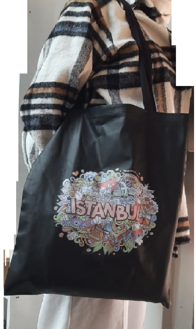 Renkli İstanbul Baskılı Bez Çanta - Pazar Market Çantası - Kitap Çantası Siyah 