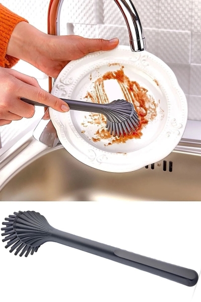 İstiridye Silikon Başlıklı Bulaşık Yıkama Fırçası - Lavabo Temizleme - Mutfak Tezgah Fırçası 