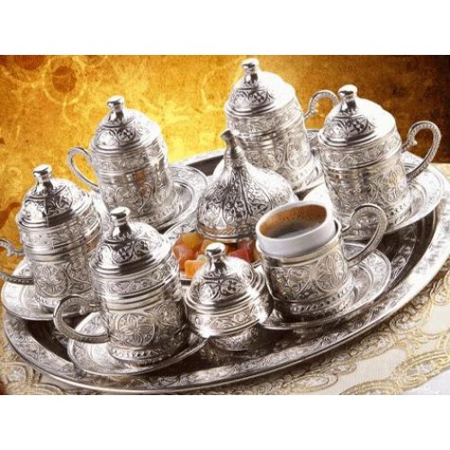 Osmanlı Motifli 6 Kişilik Türk Kahve Seti - Gümüş