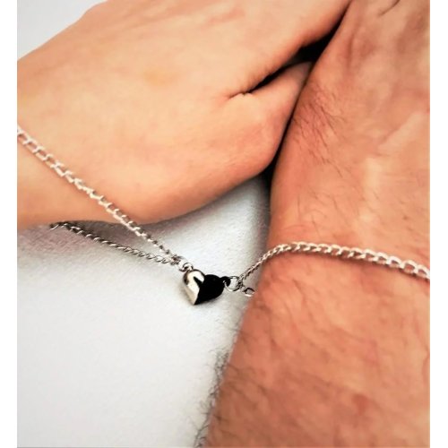 2 Li Gümüş -Siyah Mıknatıslı Kalp Çift Bilekliği - Sevgili- Arkadaş - BFF Bilekliği
