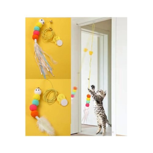 Elastik Tırtıl Kedi Oyuncağı Vantuzlu Lastikli Kedi Zilli Peluş Yakalama Egzersiz Oyuncağı