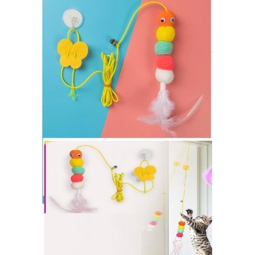 Elastik Tırtıl Kedi Oyuncağı Vantuzlu Lastikli Kedi Zilli Peluş Yakalama Egzersiz Oyuncağı