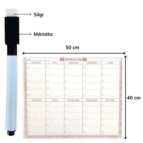 Kendiliğinden Yapışkanlı Kalemli Haftalık Planlayıcı Şeffaf  40cm-50cm 